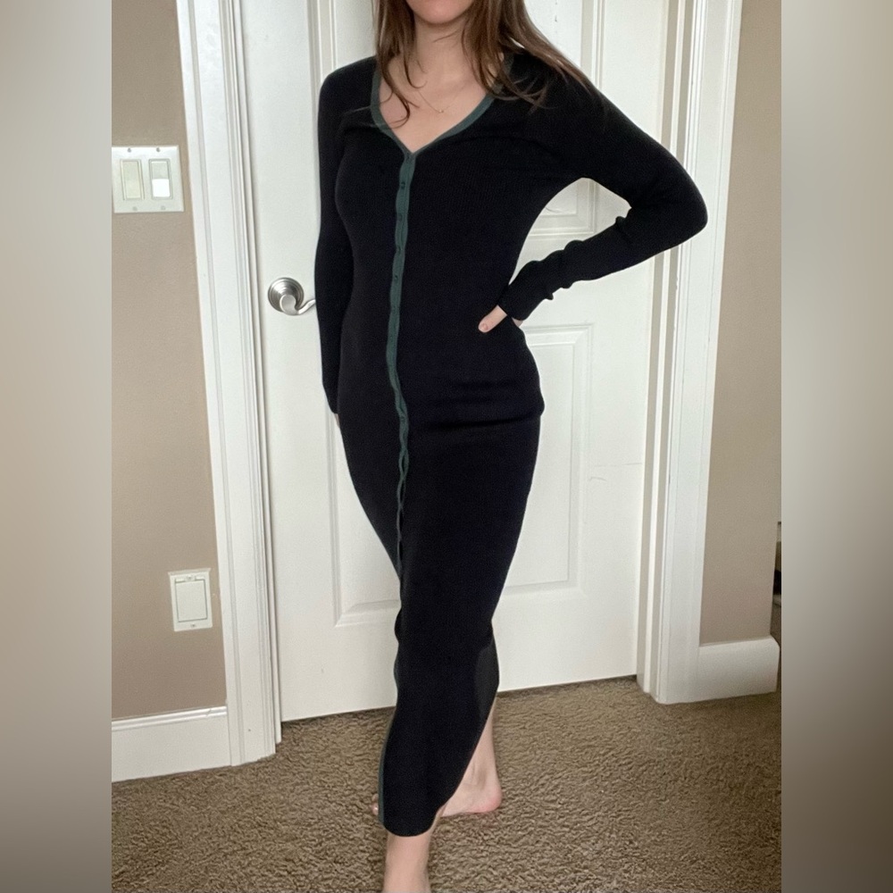 NWT MARINE LAYER Navy Long Sleeve button down ribbed midi dress